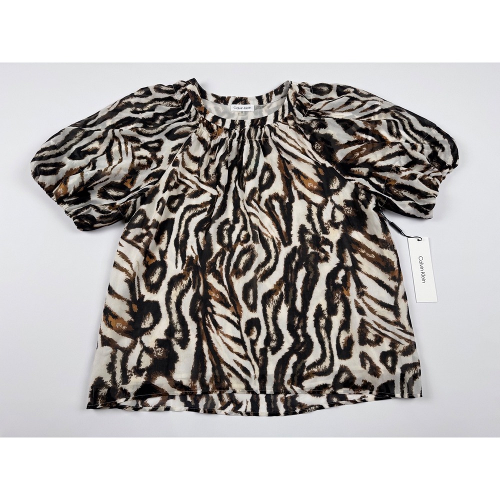 Calvin Klein Animal Print Lantern Sleeve Top Blouse Brown Black White‎ M